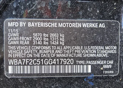 2016 BMW 750 Xi z USA, uszkodzony, nr VIN WBA7F2C51GG417920